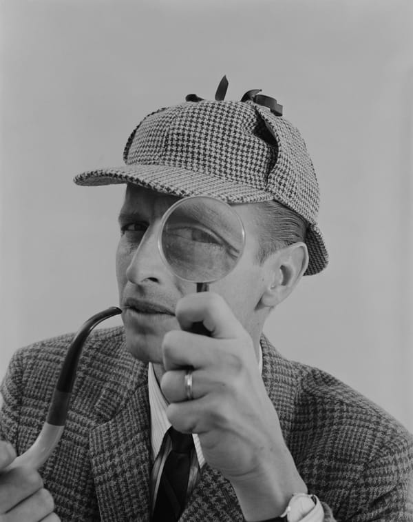 A monochrome photo of a man dressed as Sherlock Holmes
